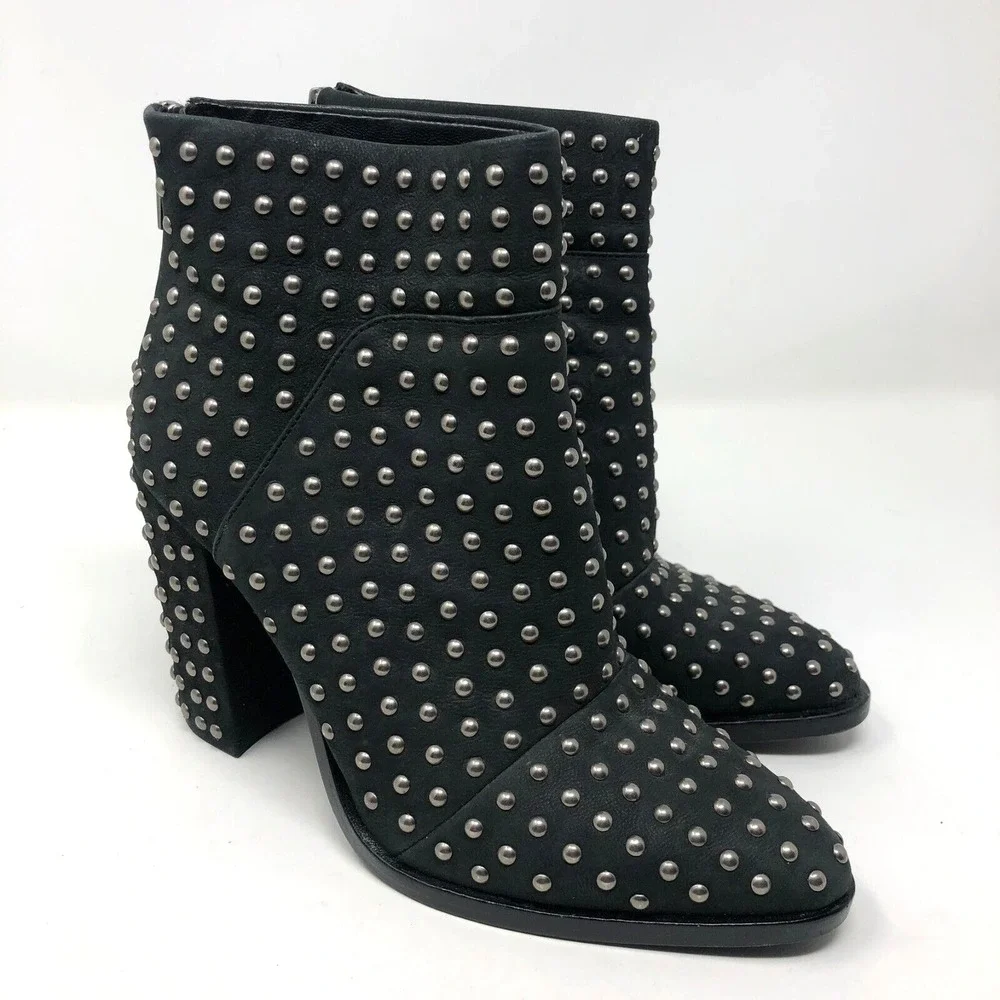 Mercer Edit Black Leather Full Monty Studded Booties Womens 6.5 Almond Toe 4